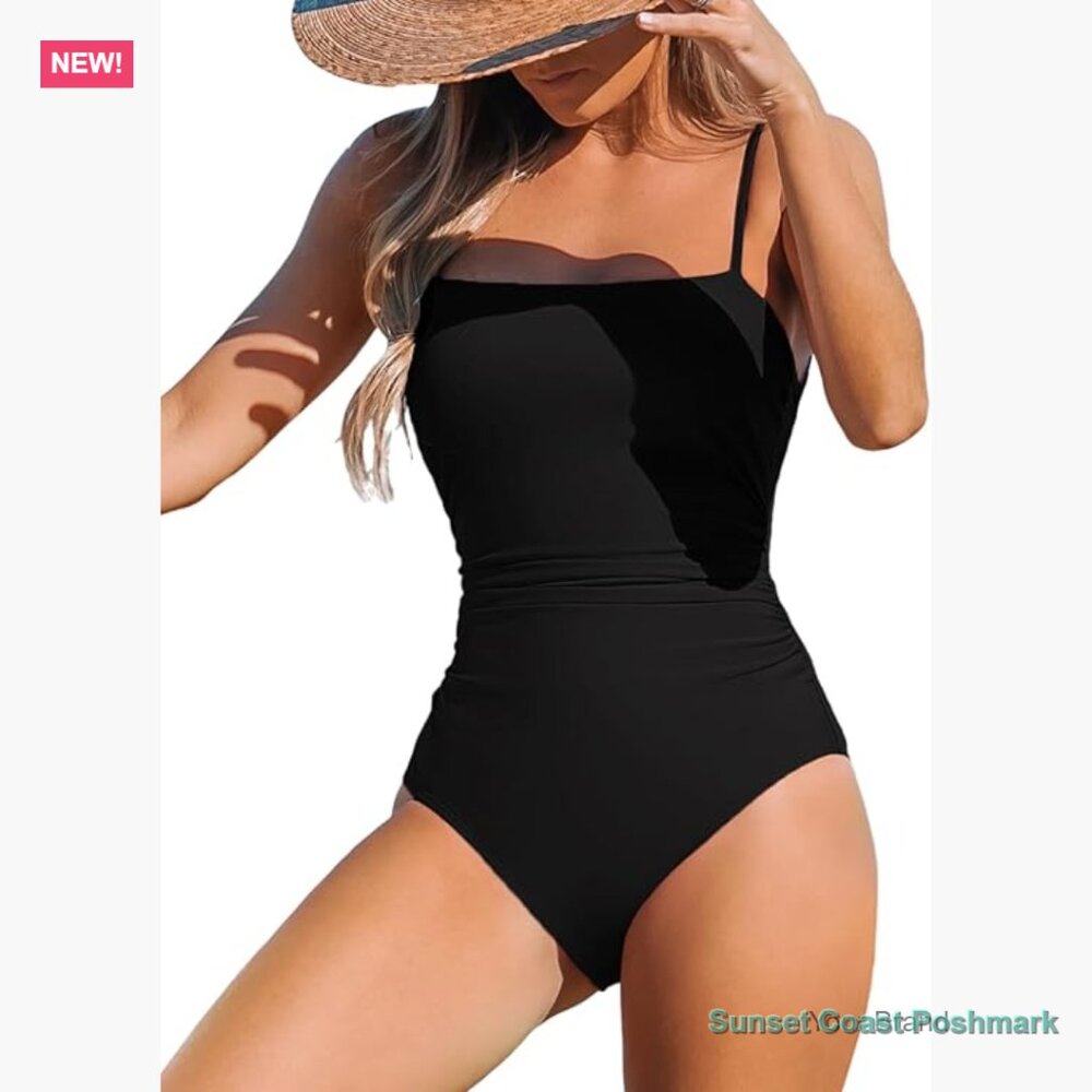 One Piece Swimsuit Square Neck Cutout Back Tummy Control Adjustable Straps